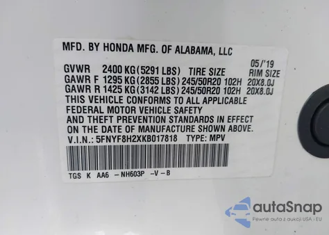 2019 Honda Passport Sport from USA, damaged, VIN 5FNYF8H2XKB017818